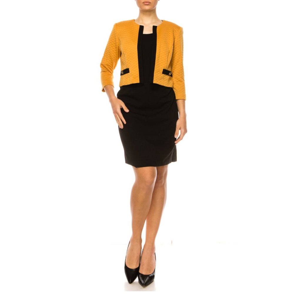 STUDIO ONE SLEEVELESS SHEATH CROPPED JACKET DRESS (66335/mustard black)